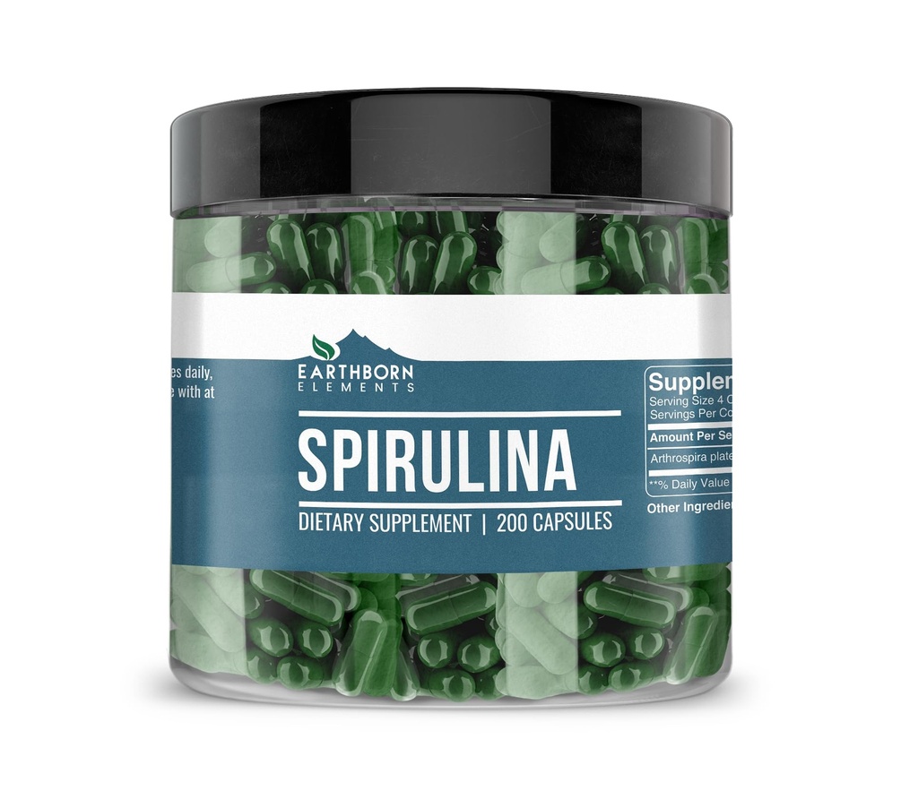 Earthborn Elementy Spirulina 200 Kapsułki, Czyste i nierozcieńczone, Brak dodatków