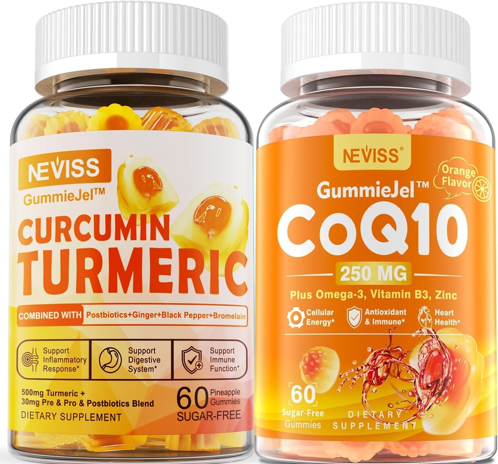 Kurkumina bezcukrowa Napełniona Gummies 550mg & CoQ10- 250mg Napełnione Gummies, Immune, Digestive Health, Energia komórkowa i Przeciwutleniacze Wsparcie