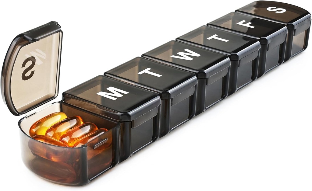 XL Cotygodniowy Pill Box Organizator 7 dzień, 1 tydzień Jumbo Pill Dispenser Case One Time a Day, MOLN HYMY Daily Medicine Container to Hold Medication, Witaminy, Oleje rybne i suplement (Czarny