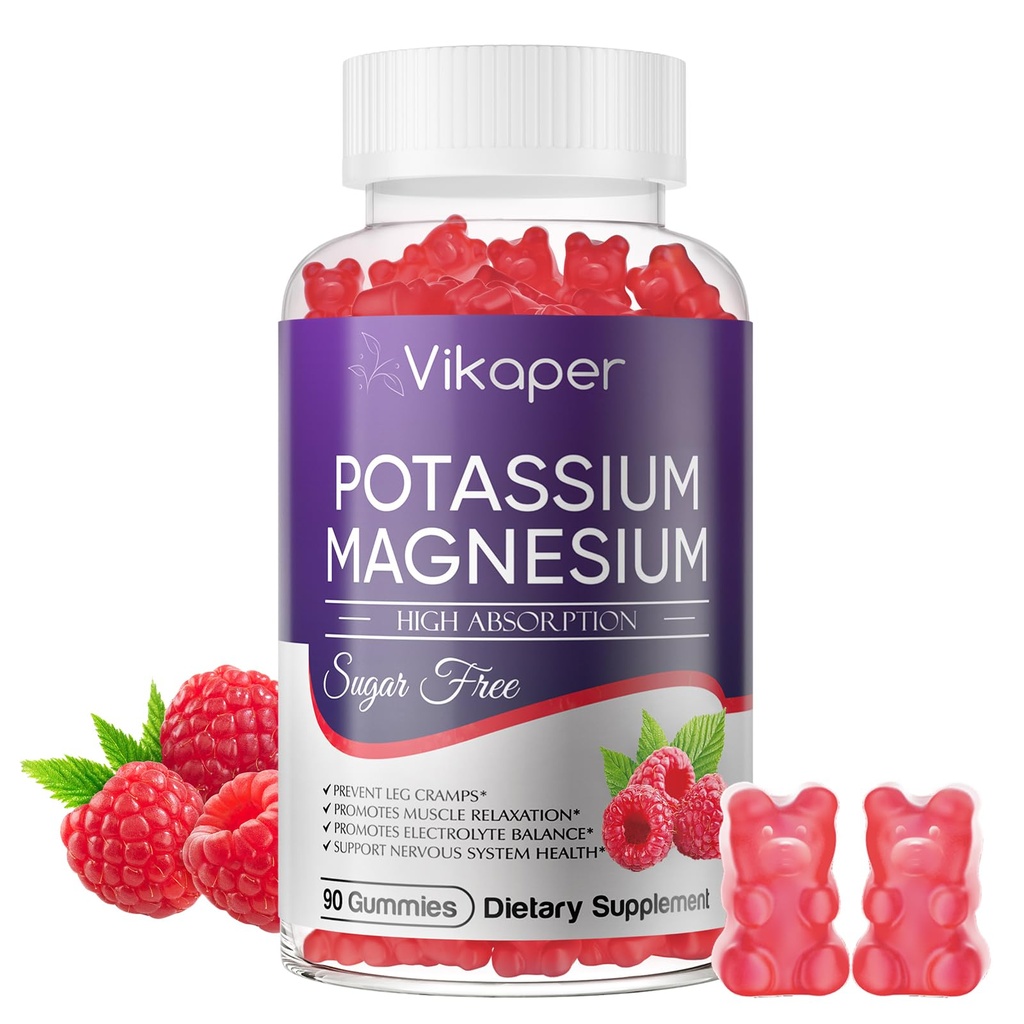 Potassium Magnesium Gummies 1200 mg for Adults Sugar-Free High Absorption Magnesium Glycinate Supplement,Supports Leg Cramps,Muscle,Heart Health,Non-GMO Magnesium Gummy Raspberry Flavor 90 Count