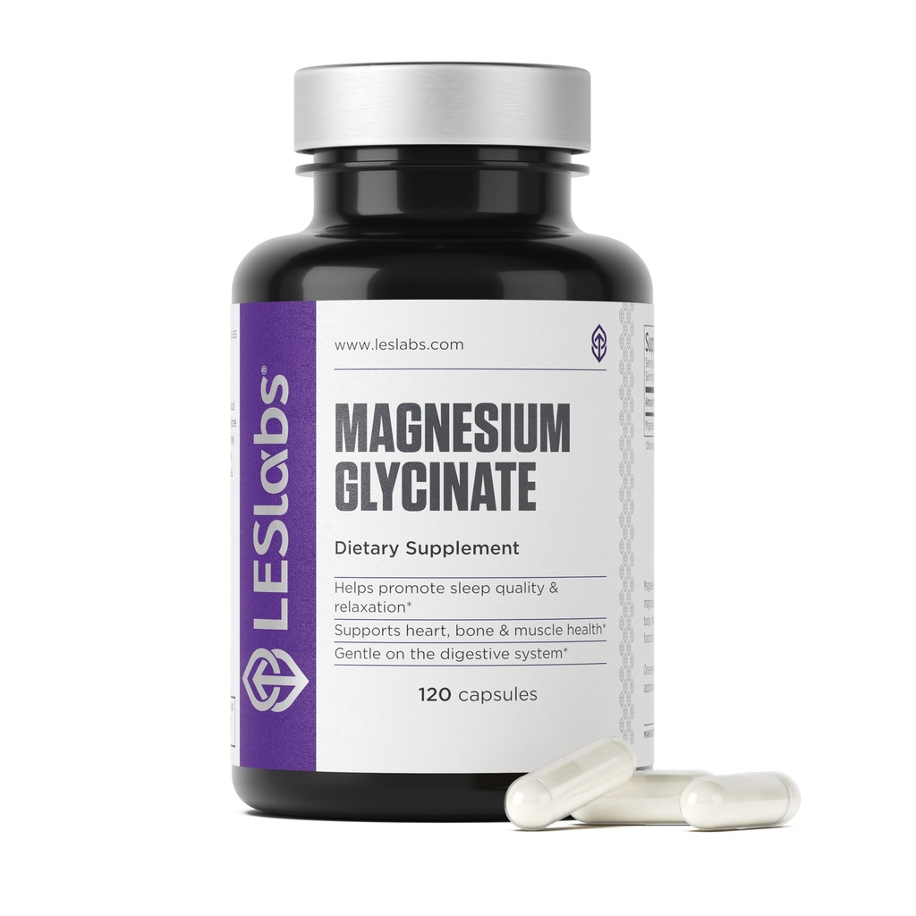 LES Labs Magnezu Glycinate - Wspiera Resteful Sleep, Heart Health, Stress Relief, Metabolizm, Nerve & Muscle Function, Delikatny system pokarmowy - Suplement Non-GMO - 120 Kapsułki