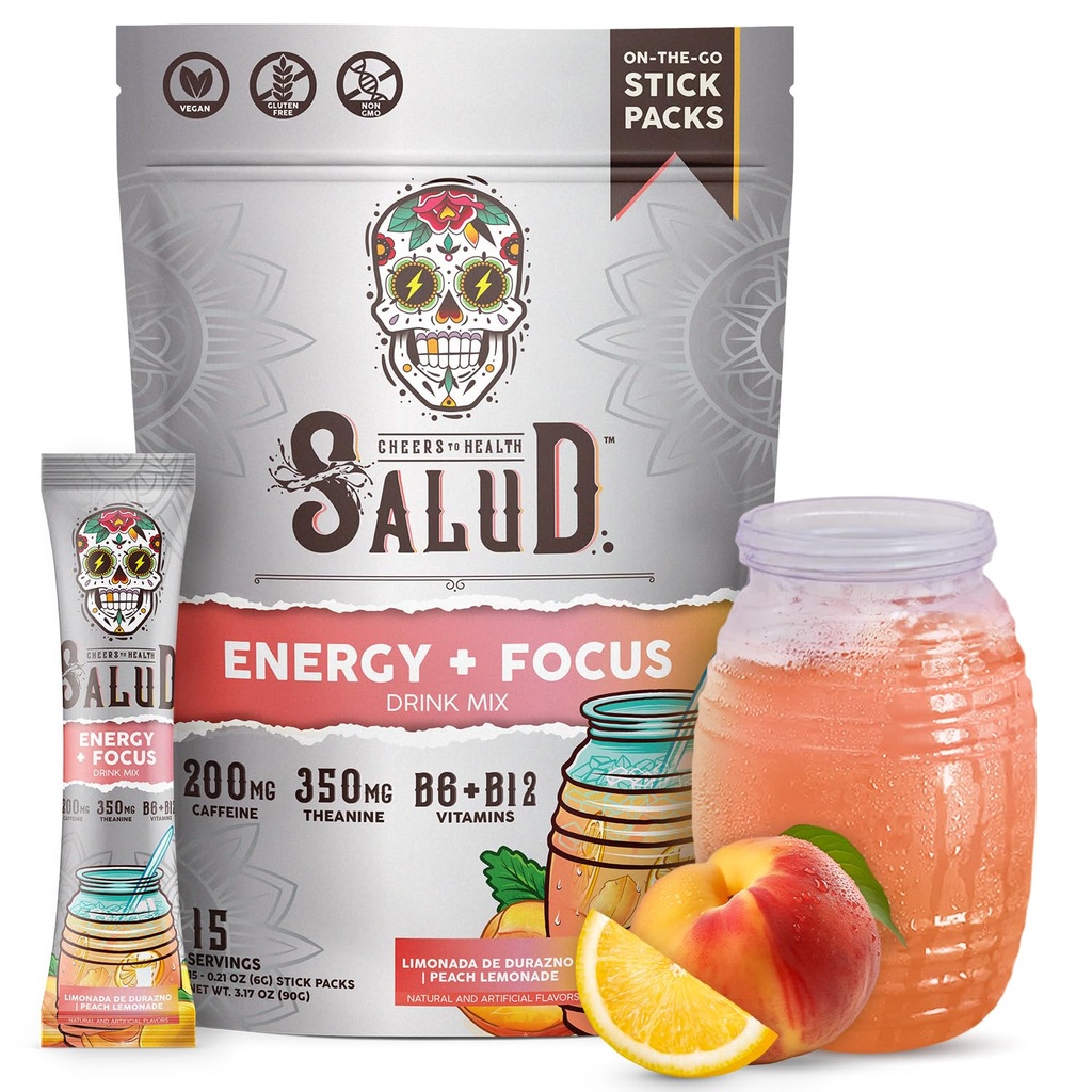 Salud 2- in-1 Energy Drink Powder + Focus, Peach Lemoniada, Kofeina organiczna, B6 + B12, Theanine, Clean Energy Drink Pakiety, Agua Fresca Mix, Non-GMO, Gluten Free, Wegan, 1g cukru, (15 Servings)