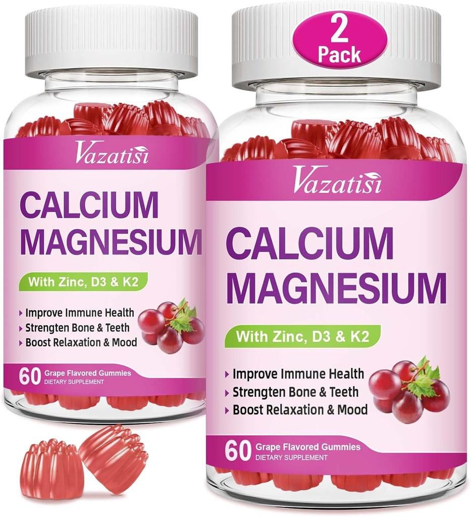 Gumie cynku wapnia z witaminą D3 & K2, Wysoka absorpcja Magnezu Glicynian potasu do immunologicznego i spokojnego nastroju, Grape Flavor 120 Gummies