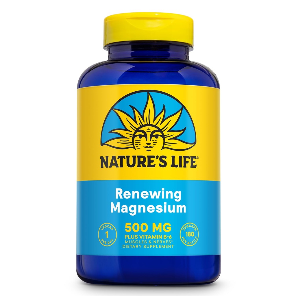 Natury Życie Renewing Magnezu 500 mg - Plus Witamina B- 6 - Mięśnie i Nerwy Wsparcie - Laboratorium zweryfikowane (180 Servings, 180 VegCaps)