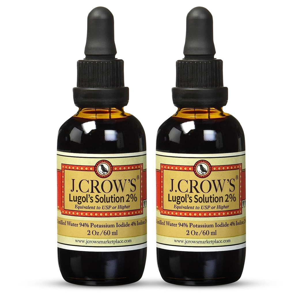 J.CROW 'S ® Lugol' s Rozwiązanie jodu 2% 2 oz (2 butelki) - Premium jod i jodek potasu ciecz, gluten &, ekstrakt z naturalnej kopry bez alkoholu, bez wygaśnięcia