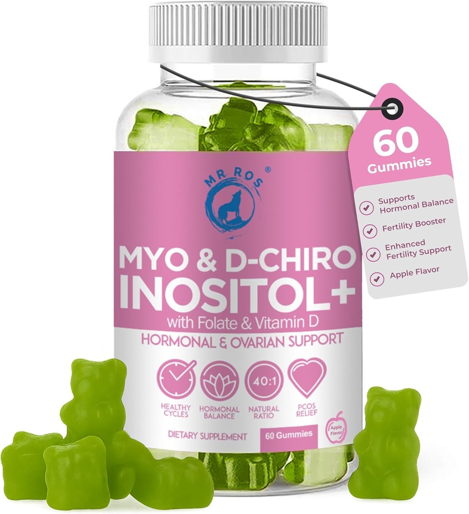 Inositol Gummies PCOS z folianem i witaminą D - Myo & D- Chiro Inositol Blend, 40: 1 Stosunek, 60 Jabłkowe Flavor Gummies