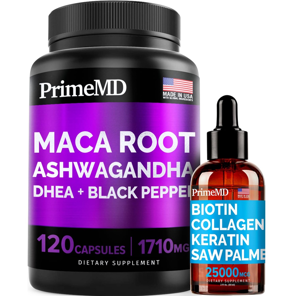 4- in-1 Liquid Biotin Collagen Keratin Saw Palmetto Drops (2 fl oz - 1 Pack) & 6- in-1 Maca Root Ashwagandha w Czarny pieprz Owoce (120ct) Bundle - Włosy, Skóra, Nails, Energia i Mood Supplement Supplement