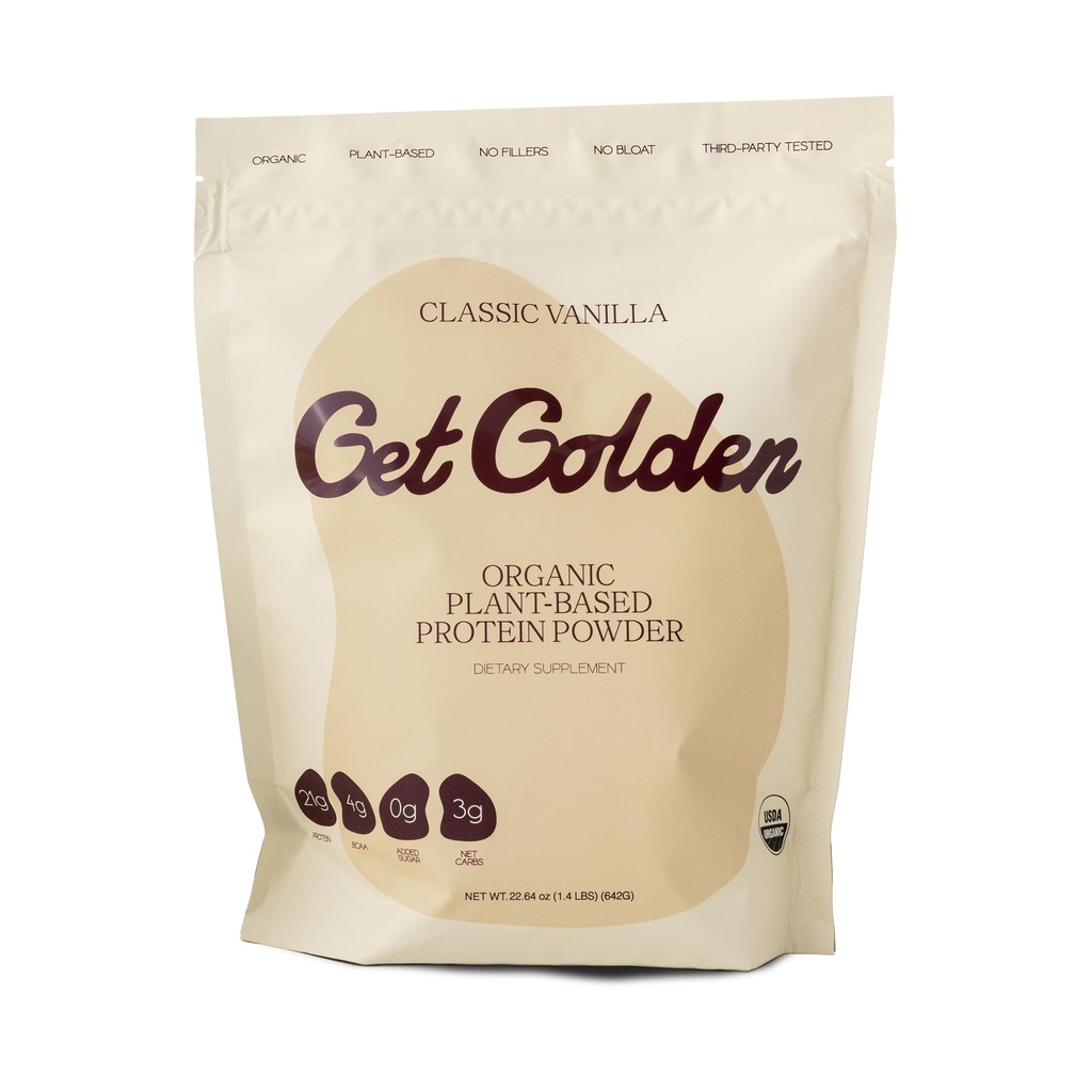 Get Golden Organic Classic Vanilla Protein Powder | 21g of Plant Based Protein Powder | Low Carb, Gluten Free, Dairy Free, No Added Sugar, Non-GMO | For Shakes & Smoothies (20 Servings, 1.4lb Bag)