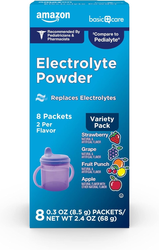 Basic Care Electrolyte Powder Variety Pack, Jabłko, Plaster owocowy, Winogrona, Truskawka, 8 Count