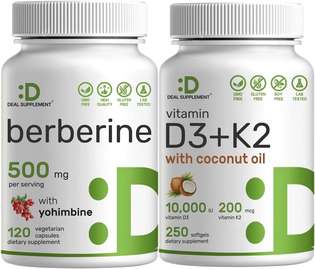 DEAL SUPLEMENT Witamina D3 10,000iu + K2 200mcg Softgels & Berberine Suplement z Yohimbine Bundle - Zasadniczy Sunshine Witaminy z oleju kokosowego - Wysoka Absorpcja Hydrochlorków HCl Forms