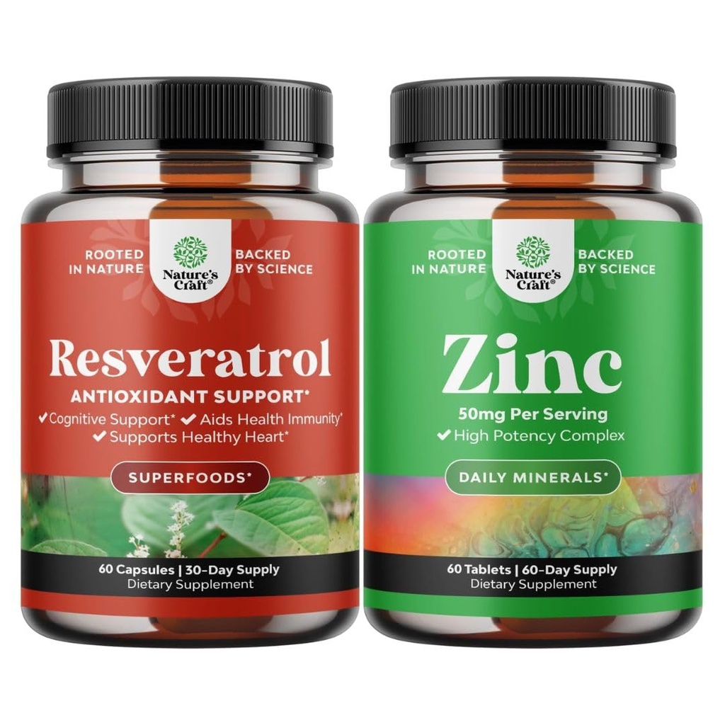 Zestaw młodzieńczy Trans Resveratrol - Resveratrol Kapsułki z aktywatorem AMPK dla zdrowia komórkowego i witalności i Cynk 50mg suplement immunologiczny - Cynk Complex do poprawy skóry włosów i paznokci
