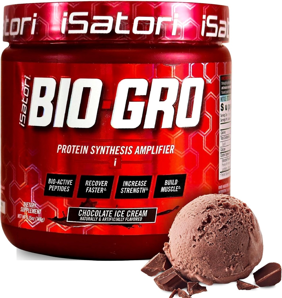 Wzmacniacz protein iSatori BIO- GRO, do odzyskiwania mięśni i wzrostu, wzmocniony stymulant Free Pre- Workout & Colostrum Suplement z Bio- Aktywna Peptydes- Czekoladowe lody (60 Służenie)