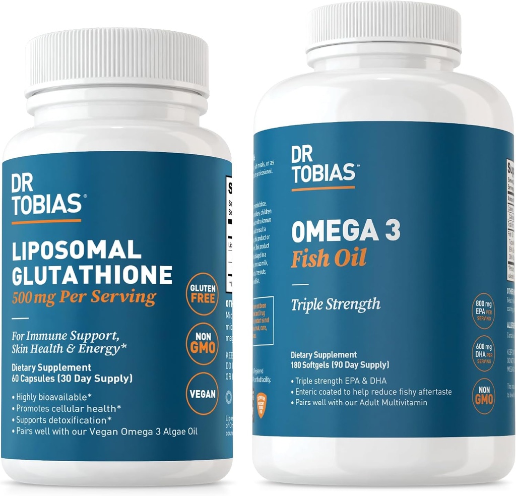 Dr Tobias Omega 3 Olej rybny i liposomal glutation - wspomaga działanie immunologiczne, zdrowie skóry i wchłanianie składników odżywczych - Non-GMO
