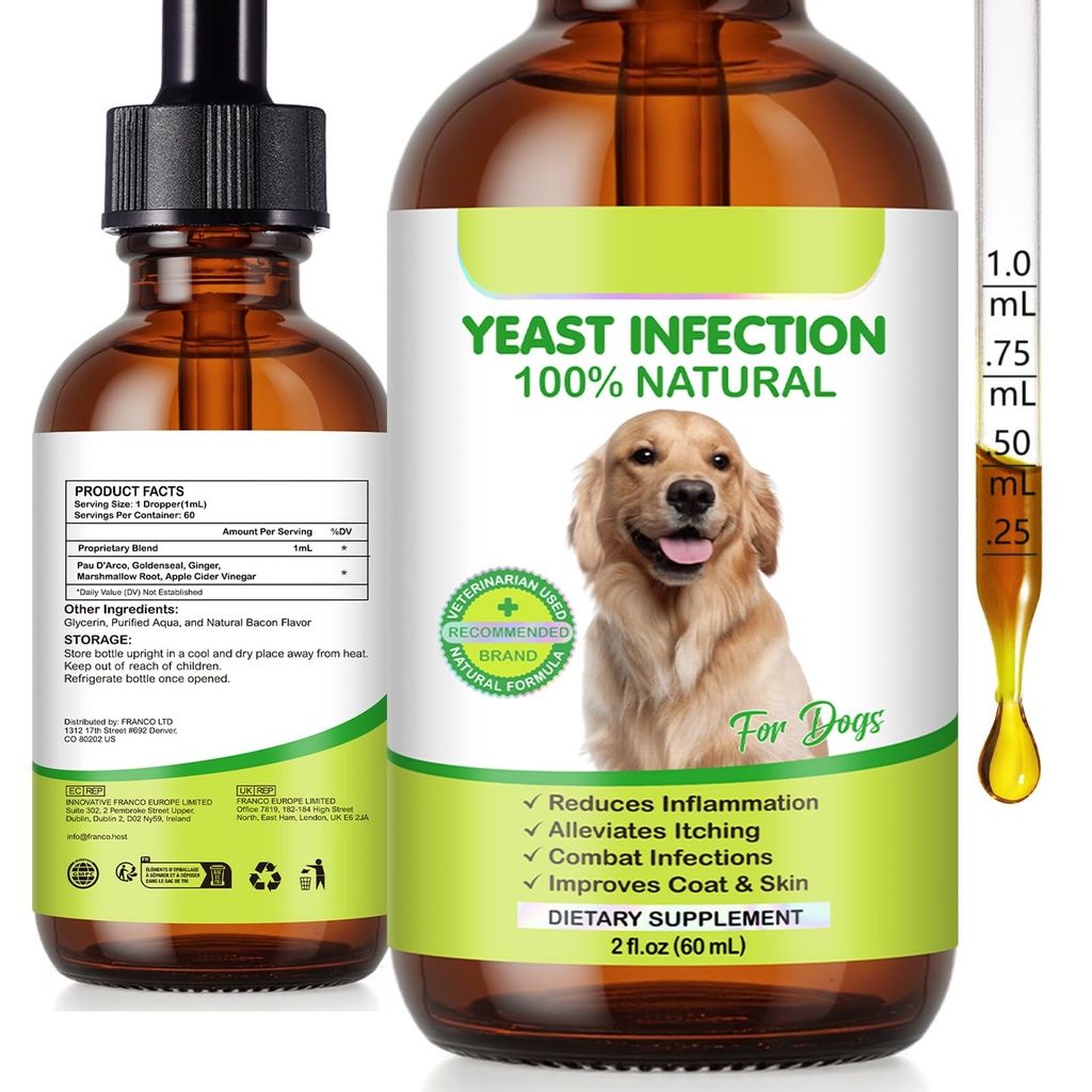 Yeast Infection for Dogs, Natural Yeast Infection Treatment for Dogs Supports Dog Itchy Skin & Allergy Relief, Pet Supplies Herbal Supplement for Dog Ear Care - 60 ml