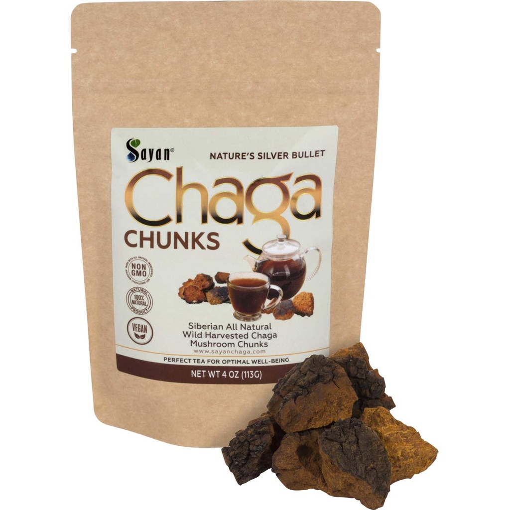 Sayan Syberyjski Pure Raw Chaga Mushroom Chunks z Black Top Crust 4 Oz / 113 g - Premium Wild- Harvered Antioksydant Tea for Immune Support, Focus and Digestive Health - Non-GMO
