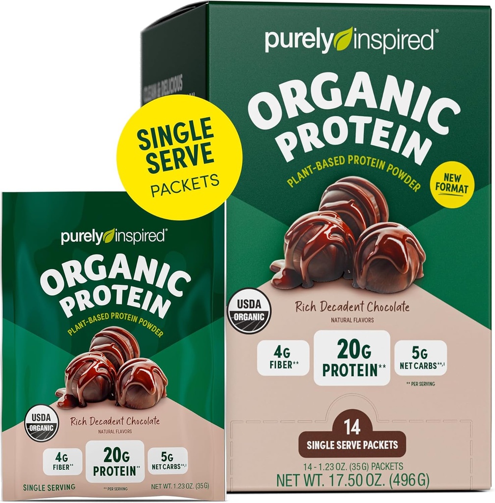 Proch do protein organicznych, 14 jednorazowych zestawów do podawania, bogata dekadencka czekolada - 20 g proszku z proteiny na bazie plantacji dla koktajli i shake 'ów - Wolny od dairy-, niemodyfikowany genetycznie - dla mężczyzn i kobiet