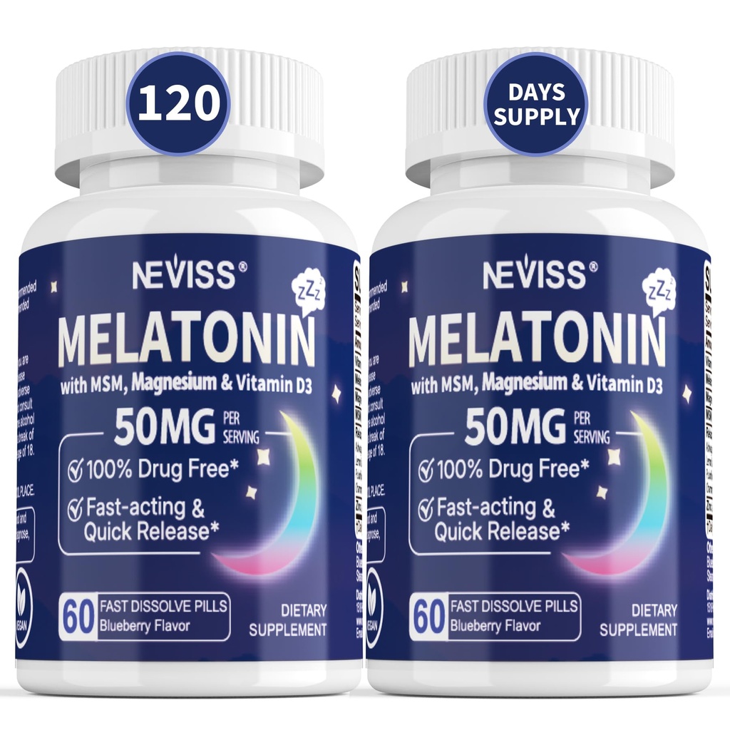 NEVISS Melatonina 50 mg dla dorosłych - Dodatkowa siła 9- in-1 Szybkie rozpuszczenie podjęzykowe - Wysoka dawka z Magnezu glicynian, Witamina D3, Ashwagandha, Lemon Balm, Rumianek, Cukier wolny, Wegan 120 Tabletki