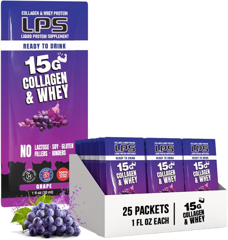 Nutritional Designs LPS Liquid Collagen & Serwatka Suplement Białko - Napoje niezawierające GMO, Bezcukrowe - Promotes Healthy Skin & Hair for Men & Women, Grape, Single Serve (25 pakietów)