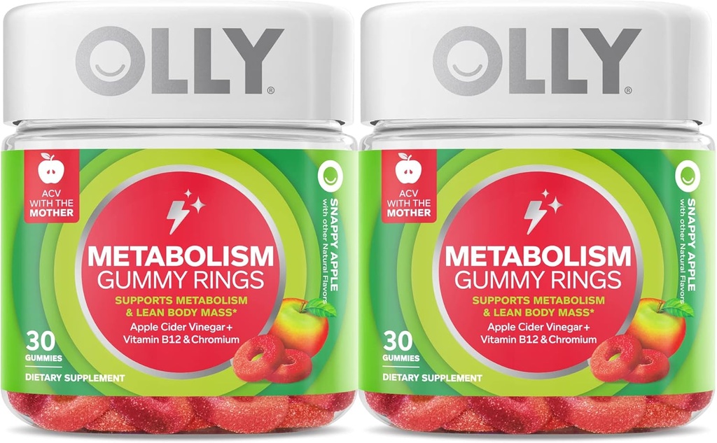 OLLY Metabolizm Gummy Pierścienie, Jabłko Cydr Ocet, Witamina B12, Chrom, Energia i zdrowie trawienne, Suplement do żucia, Jabłko Flavor, Twin Pack - 60