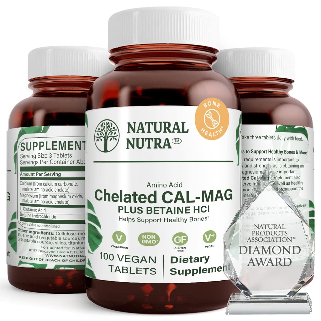 Natural Nutra Chelated Wapnia Magnez 1000 / 500 mg Suplementy Plus Betaine HCL - Chelated Cal Mag Poprawia gęstość kości, Wspiera mięśnie, Zęby, układu krążenia i Nerve Zdrowie, 100 Wegańskie tabletki