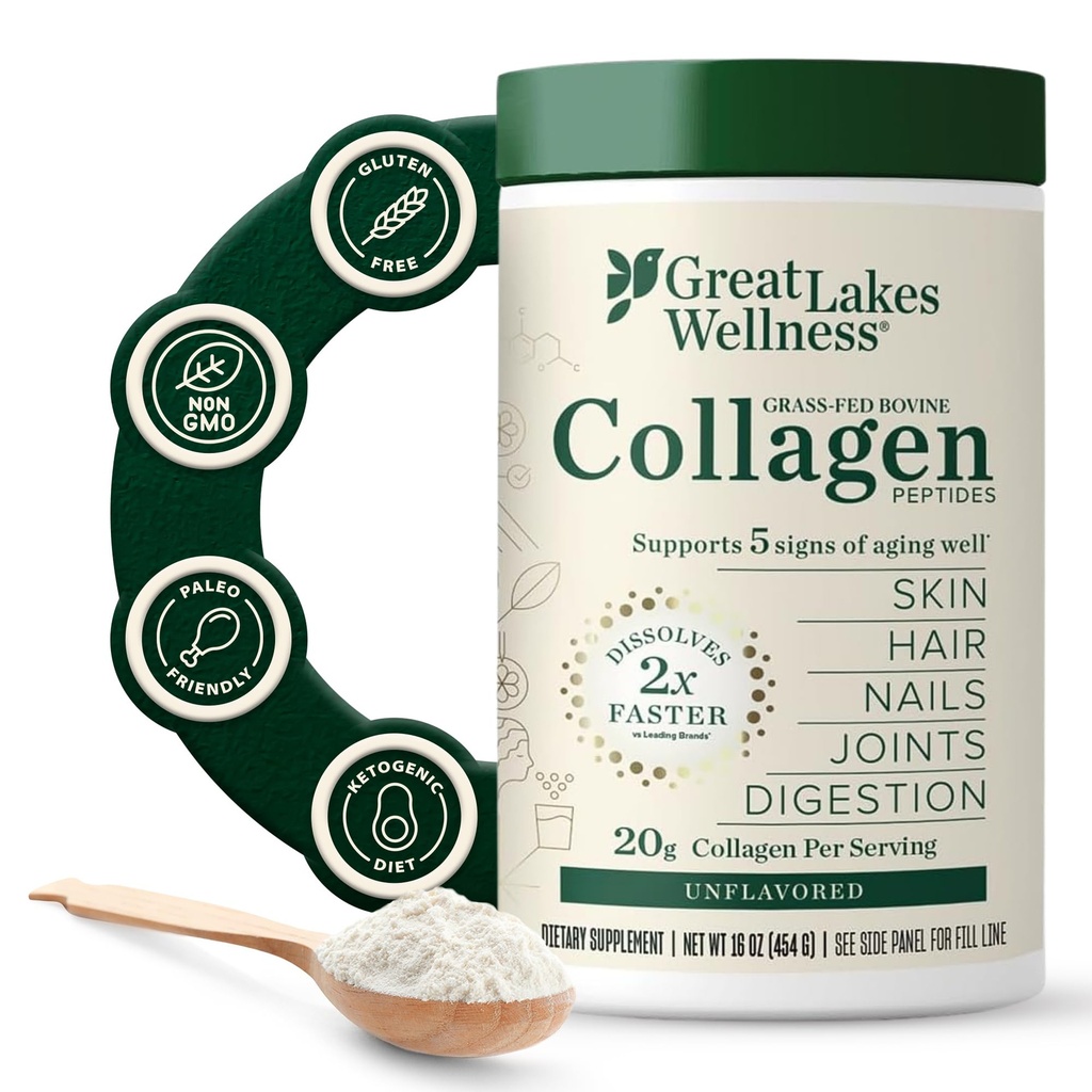 Wielkie Jeziora Wellness Kolagen Peptydy Proszek do skóry, Włosy, Nails, Łączniki i trawienie - Unflavored - Szybkie rozpuszczenie hydrolizowane, Non-GMO, Keto, Kosher - 16oz