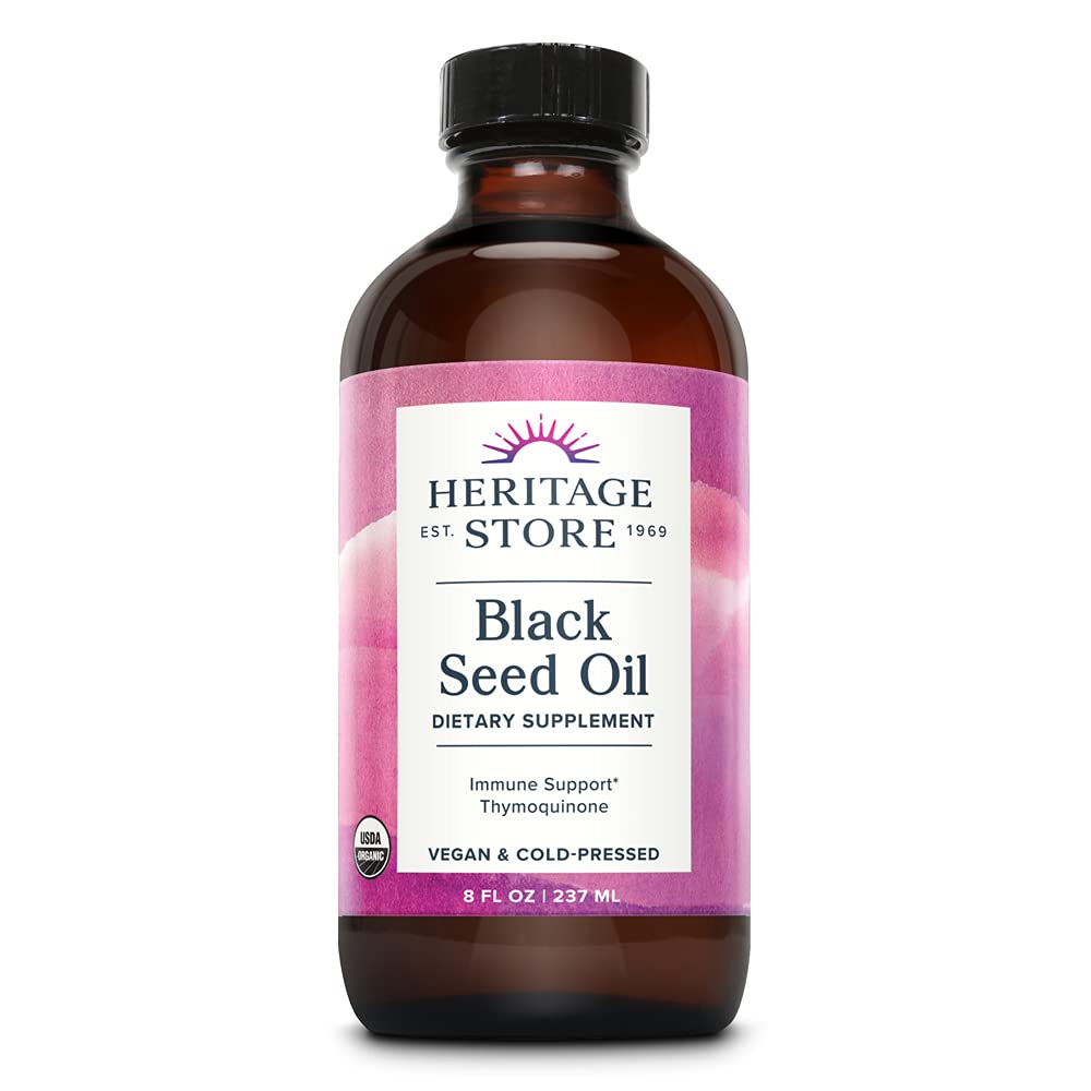 HERITAGE STORE Black Seed Oil, Organic, Cold Pressed Nigella Sativa Supplement with Thymoquinone, Omega 3 6 9, Antioxidant, Immunity, Cholesterol, Digestive, Heart & Join Health Support*, Vegan, 8oz