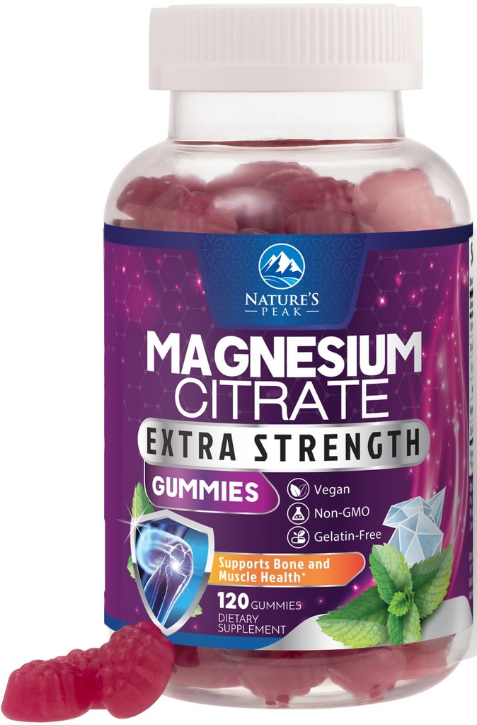 Magnez Citrate Supplement Gummies - Wysoka absorpcja Gummy magnezu dla dorosłych i dzieci, Magnesio Citrate Supplements for Bone, Mięśnie zdrowia, Heart Support, Wegan, Gluten Free, Non-GMO - 120 Gummies