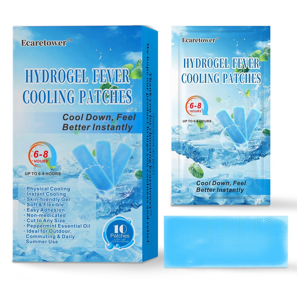 Fever Cooling Patches, 10 Count Hydrogel Gel Pads, 6-8 Hour Instant Relief for Forehead, Neck, Headache, Cuttable, Mint Infused, for Body & Electronics Cooling