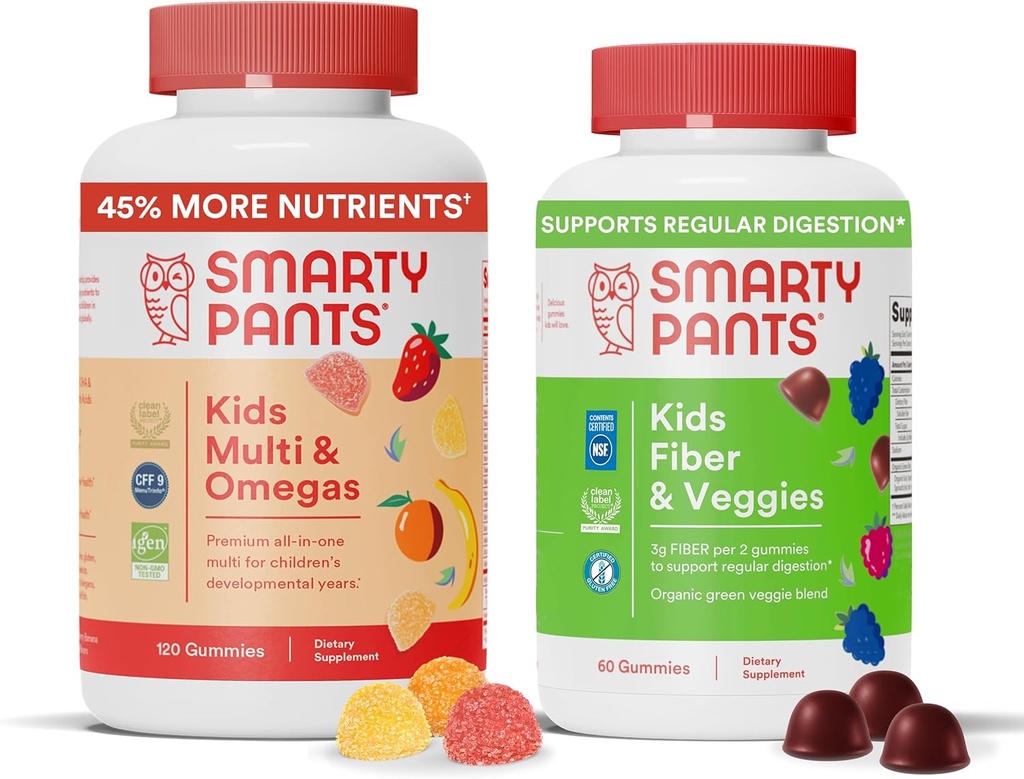 SmartPants Kids Multivitamin + Fiber & Veggie Bundle: Omega 3 Fish Oil, Prebiotic Fiber, Gluten- Free, Three Fruit & Mixed Berry Flavors, Multi & Omegas (120 Count) + Fiber & Vegegies (60 Count)