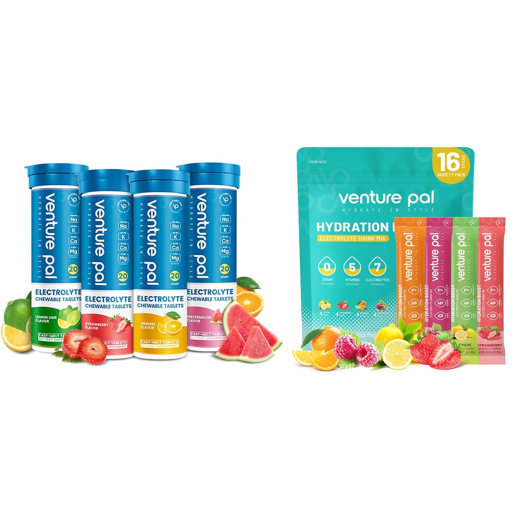 Venture Pal Sugar wolne Electrolyte proszku Pakiety i żucia Fast- Melt Electrolyte Tablets, Sport Electrolyte do biegania piesze sporty rowerowe Żywienie