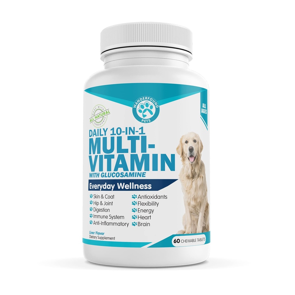 Wanderfound Pets 10-in-1 Dog Multivitamin, Chewable Dog Vitamins with Glucosamine, D3, and MSM, Dog Health Supplies for Immune System and Joint Health, Liver Flavor, 60 Tablets
