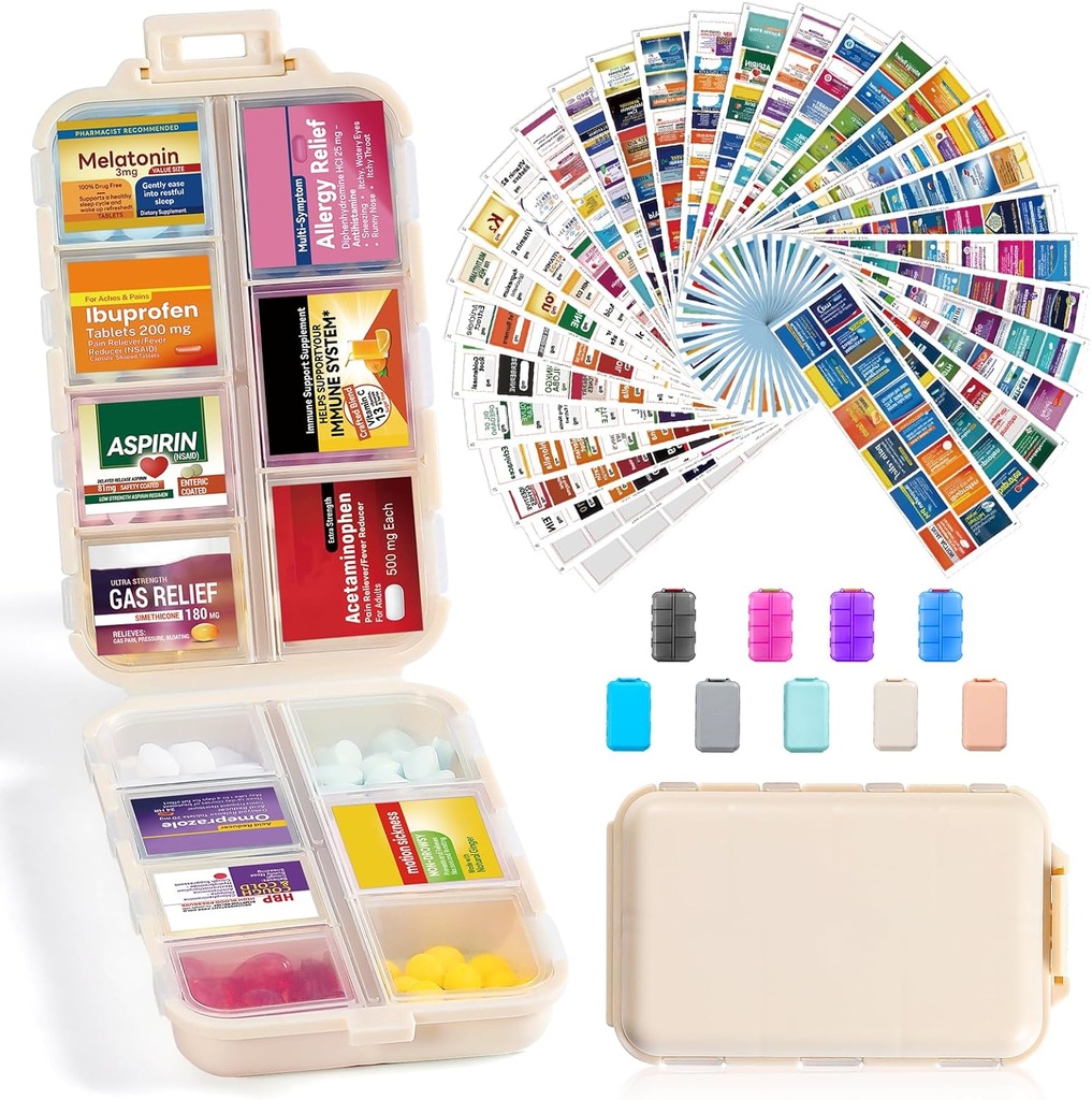 14 Grids Travel Pill Organizer Box z 415- Pcs Medicine Name Etykiety - Pocket Daily Pharmacy Case Case Kit - Travel Medication Holder Dispenser for Fish Oil Supplement Supplement Storage - Khaki