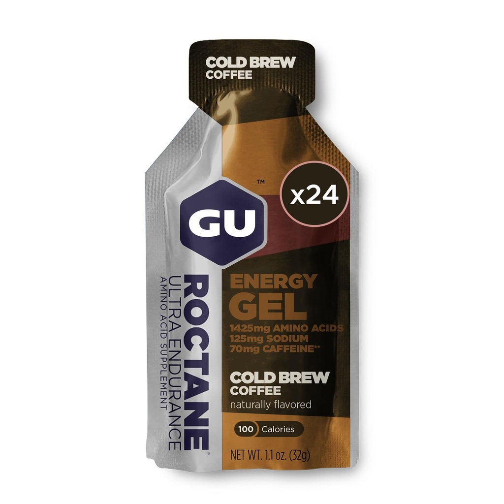 GU Energy Roctane Ultra Endurance Energy Gel, Wegan, Gluten- Free, Kosher i Dairy-Free On- The- Sports Nutrition for Running, Kolarstwo, Turystyka lub Narciarstwo, Cold Brew 2X Caffet (24 pakiety)