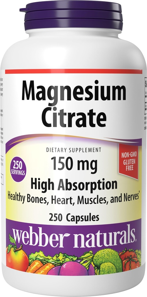 Webber Naturals Magnezu Citrate, 150 mg Per kapsułki, 250 Kapsułek, Wysoka Absorpcja, Pomaga Wsparcie Kości, Zęby i właściwe Mięśnie i Serce Funkcje, Gluten & Dairy Free