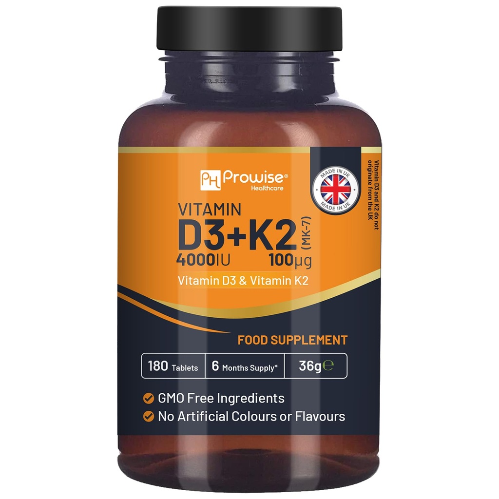 Witamina D3 4000IU & K2 MK7 100µg Tabletki wegetariańskie I 180 (6 miesięcy dostaw) I Łatwy do połknięcia suplement dla immunologicznego wsparcia, Wapnia Boost, kości i mięśni I Made in The UK Prowise Healthcare