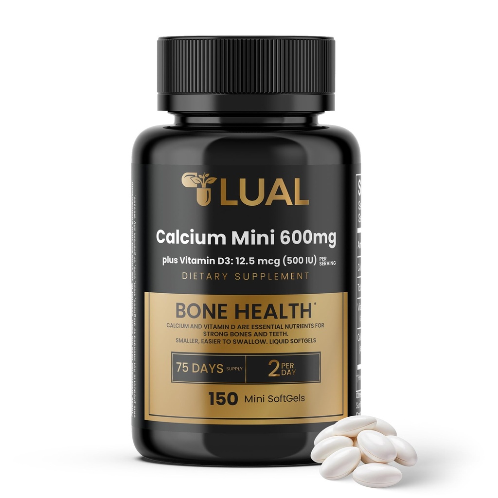 LUAL Calcium Minis 600 mg z witaminą D3 - Wsparcie dla kości i mięśni - 150 Mini Softgels - Łatwe połykanie - Wapń i D3 dla silnych kości i mobilności
