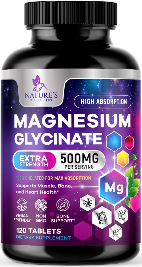 Glicynian magnezu 500 mg - Chelatowany dla Ultra Wchłanianie - Wspiera kości, mięśnie, Nerwy i Heart Health, Nature 's Sleep Support, Najlepszy suplement magnezu Pigułki dla całego ciała Wsparcie - 120 Tabletki