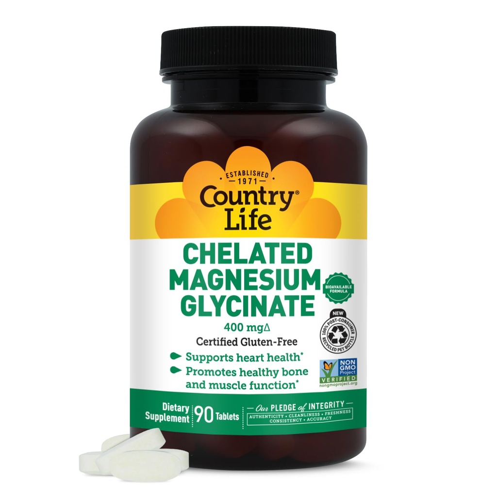Country Life Chelated Magnezu Glycinate 400mg, 90 Tablets, Certified gluten Free, Certified Vegan, Certified Halal, Non-GMO Verified