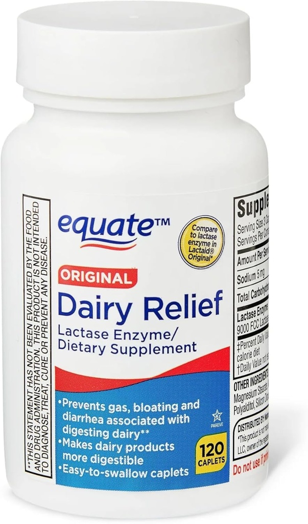 Mleczarnia Relief Capplets, Original, Lactase Enzyme, 120 tabletek przez Equite (Opakowanie po 1) + Sticker