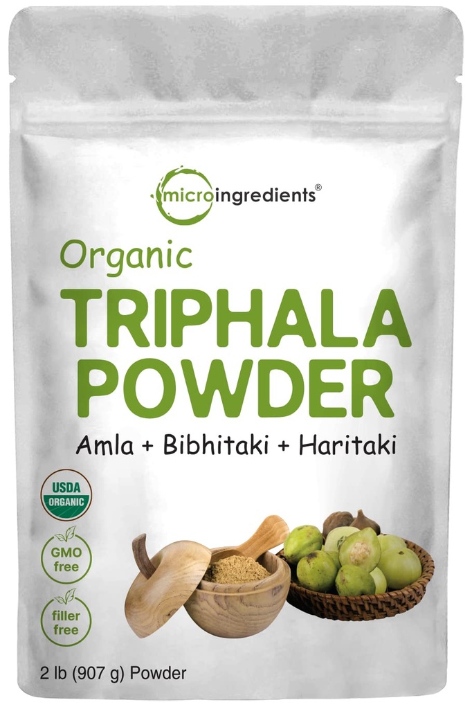 Micro Składniki Organic Triphala Proszek, 2 funty (Amla + Haritaki + Bibhitaki) 124; Indie Pochodzenie, Ziołowy suplement adaptacyjny, Wspiera Colon & immunologiczne zdrowie 124; Wegan, No GMOS