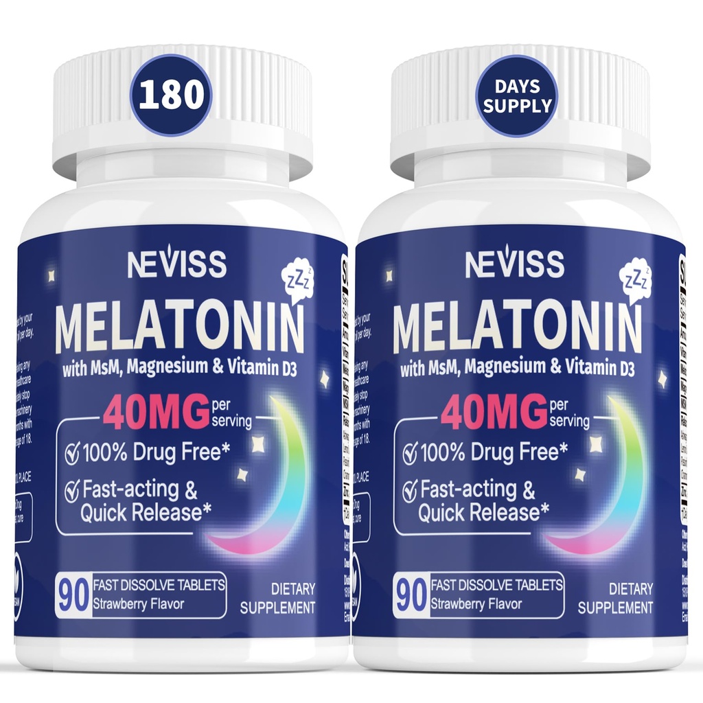 Melatonina 40 mg dla dorosłych - Szybkie rozpuszczanie i żucie Sublingual Sleep Supplement - Dodatkowa moc Melatonina z witaminą D3 & MSM, Selenium dla zdrowia Odpoczynek Cykl, głębokie Zzzs, Sugar- Free, 180 Służenie
