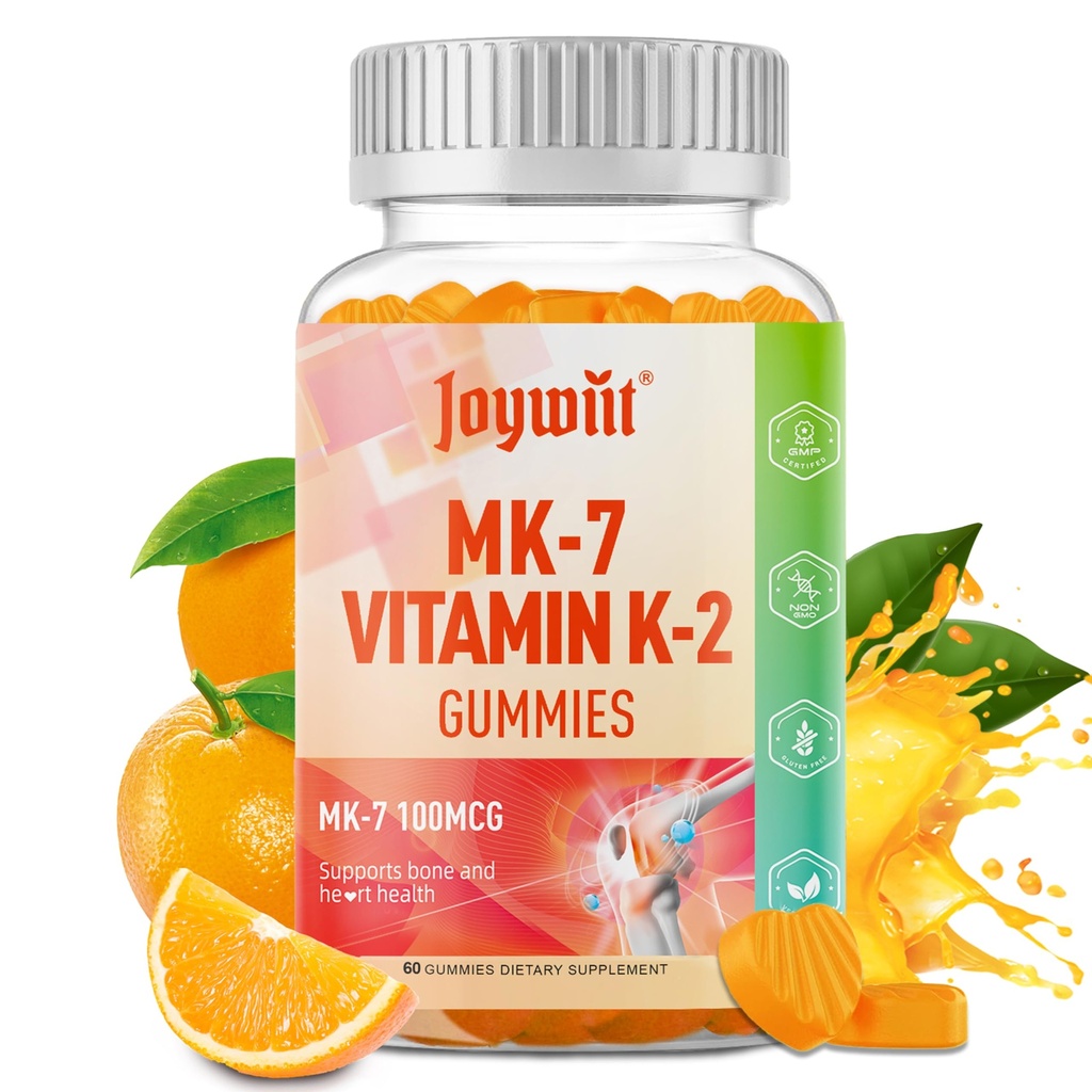 Witamina K2 MK- 7 Gummies 100mcg, Suplement witaminy K2 do kości i he- Art Support, Pomarańczowy aromat do żucia, Nie GMO, Wegan, 60 Gummies