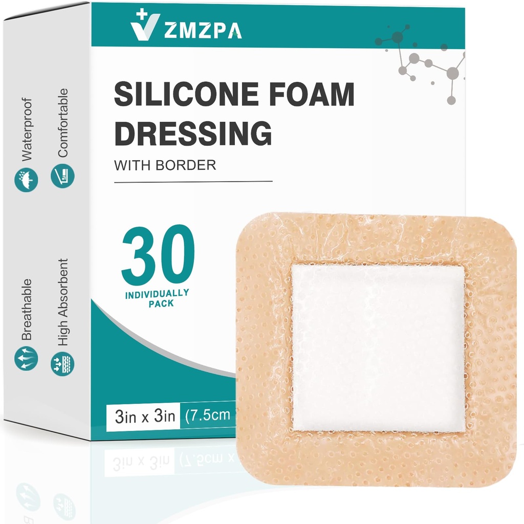 Silicone Foam Dressing 3x3 Gentle Border, Super Absorbent Wound Dressing, Bed Sore Patches, Waterproof Silicone Bandages for Wounds Care, Self Adhesive Pressure Sore Pads (30)