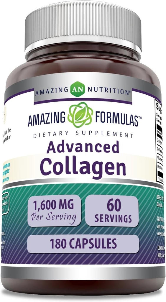 Amazing Formulas Advanced Collagen Supplement | Collagen Type I, II & III, with Vitamin C & Hyaluronic Acid | 1600 Mg Per Serving | 180 Capsules | Non-GMO | Gluten-Free | Made in USA