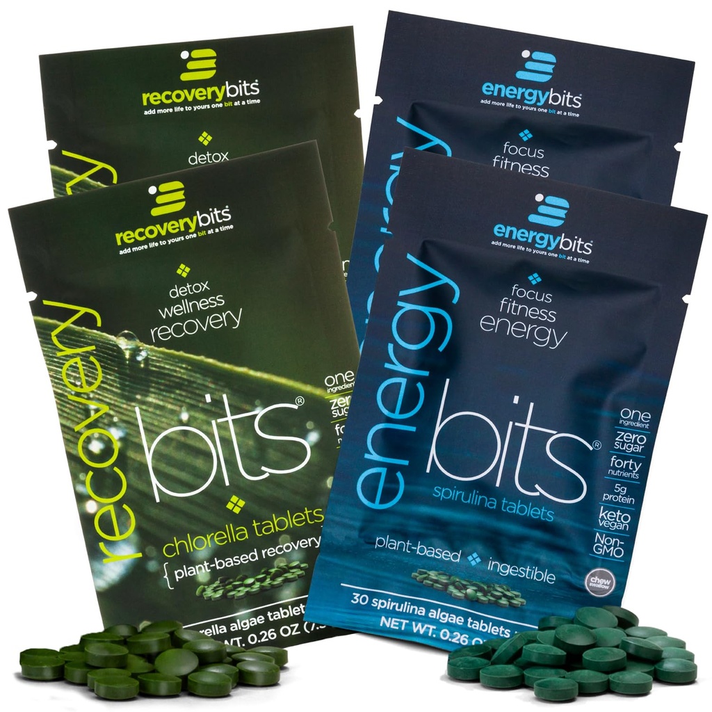 ENERGYbits / AgriVERYbits - Organic Spirulina & Chlorella Tablets - Single Serving Sample Packs - Algae Superfood - Wysokie białko, Chlorophyll - Self Care - Vegan, Keto, Gluten Free - 4 torby, 30 / Bag