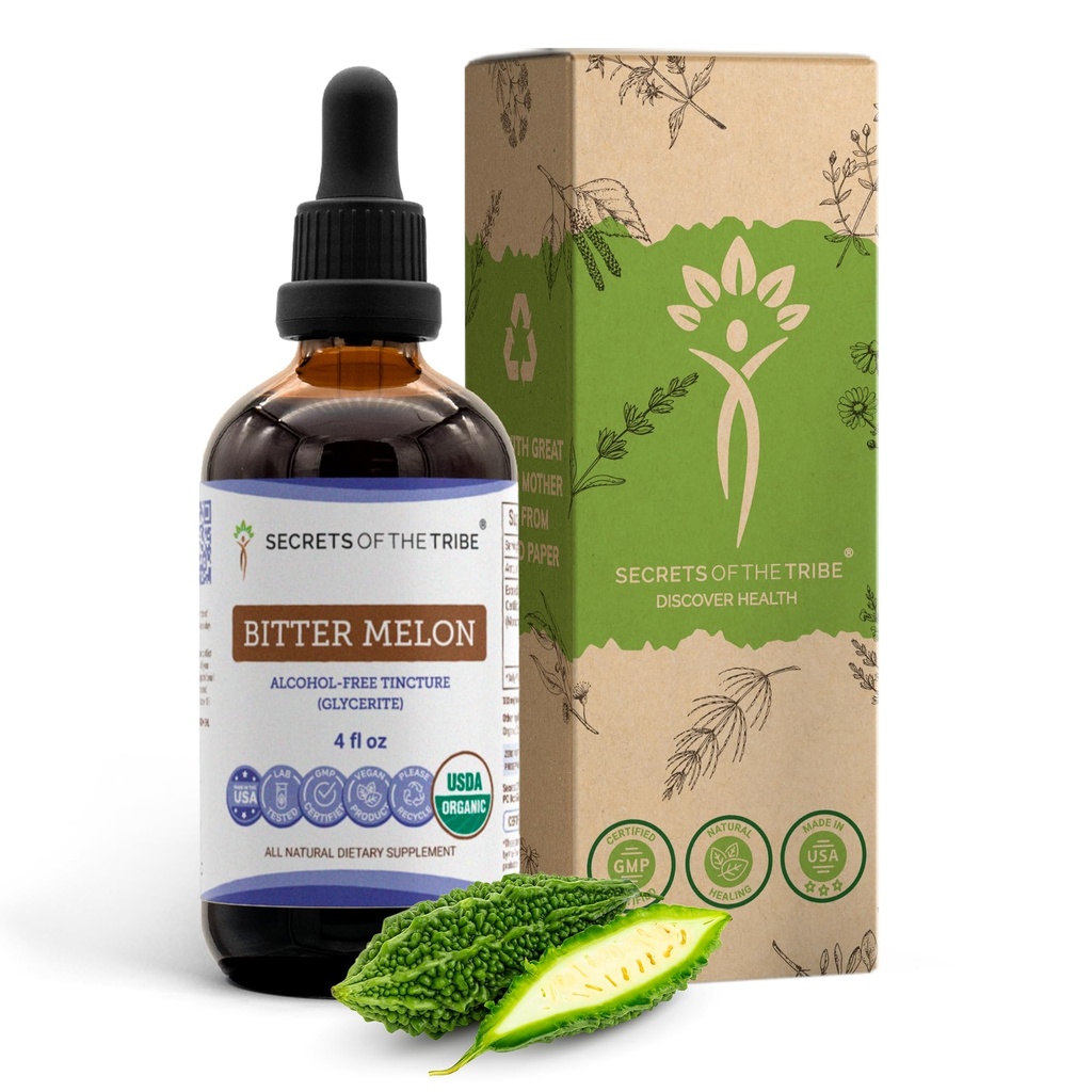 Secrets of the Tribe Bitter Melon USDA Organic Birmingham 124; Alcohol- Free Extract, High- Pottency Herbal Drops Birmingham 124; Made from 100% Certified Organic Bitter Melon (Momordica Charantia) Dried Fruit (4 oz)
