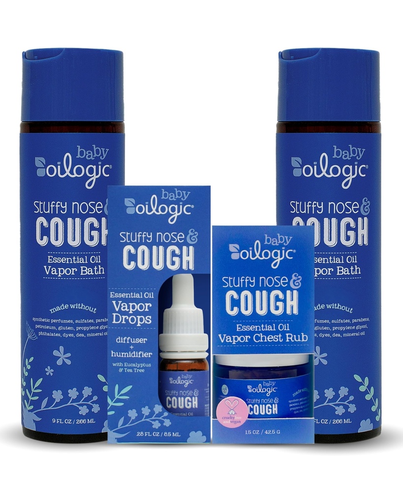 Oilogic Baby Stuffy Nose & Cough 4 Piece Bundle - Baby Care Products | Gentle Infant Cold & Congestion Care - Essential Oil Vapor Bath, Chest Vapor Rub & Humidifier Drops - Pediatrictian-Tested