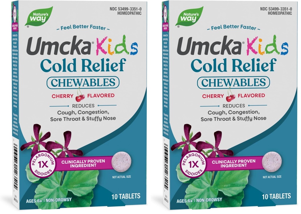Nature's Way Umcka Kids Cold Relief Chewables,Homeopathic Cold Medicine and Remedy,Shortens&Reduces Severity of Cough,Congestion&Sore Throat for Children Ages 6+,Cherry Flavored,10 Count (Pack of 2)