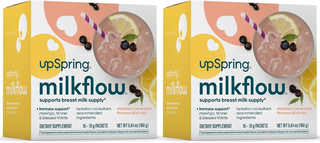 UpSpring Milkflow Immune Supplement Supplement Supplement Drink Mix Fenugreek- Free, Moringa Budapest 124; Elderberry Lemonade Flavor 124; Lactation Supplement to Support Breast Milk Supply