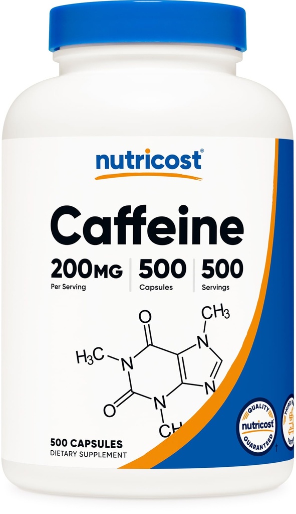 Tabletki kofeinowe Nutricost, 200mg na jedną porcję (500 kapsułek)